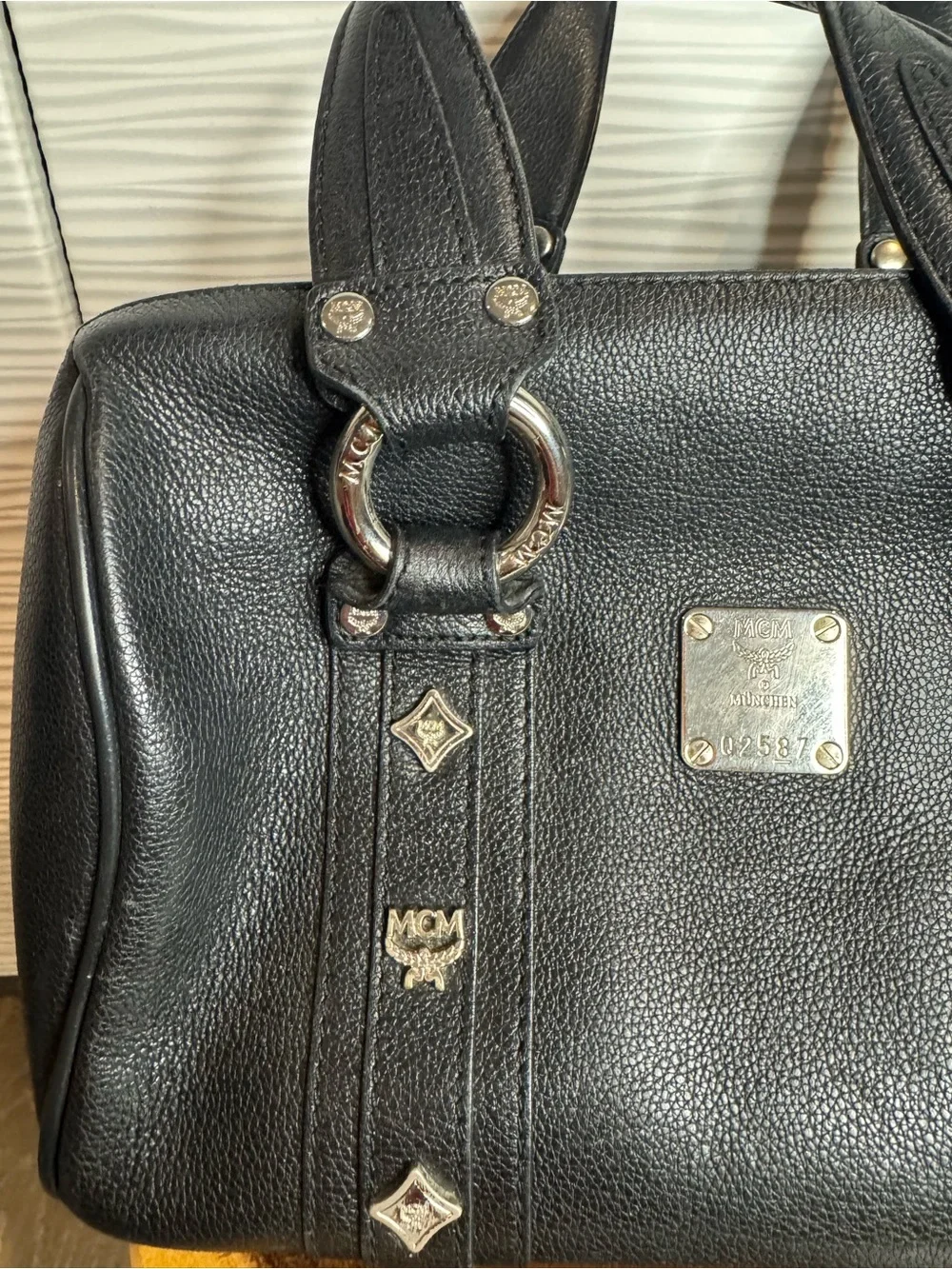 MCM Black Pebbled Leather Double-Handle Satchel with Silver Hardware